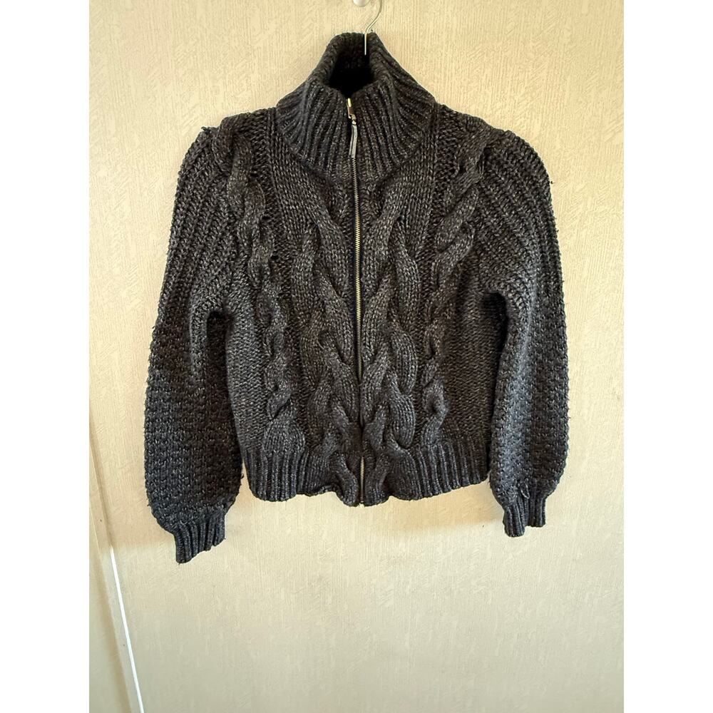 LOFT Cable Knit Zip Up Sweater Cardigan Wool Blend Gray Small